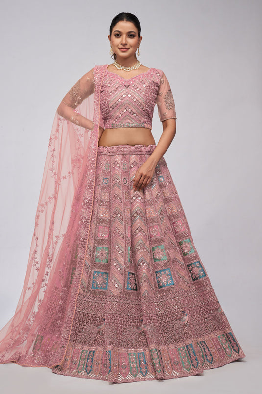 Sober Pink Color Net Fabric Lehenga With Sequins Work