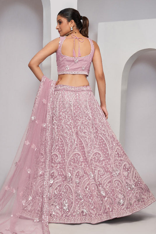 Pink Color Sequins Work On Engaging Net Fabric Lehenga