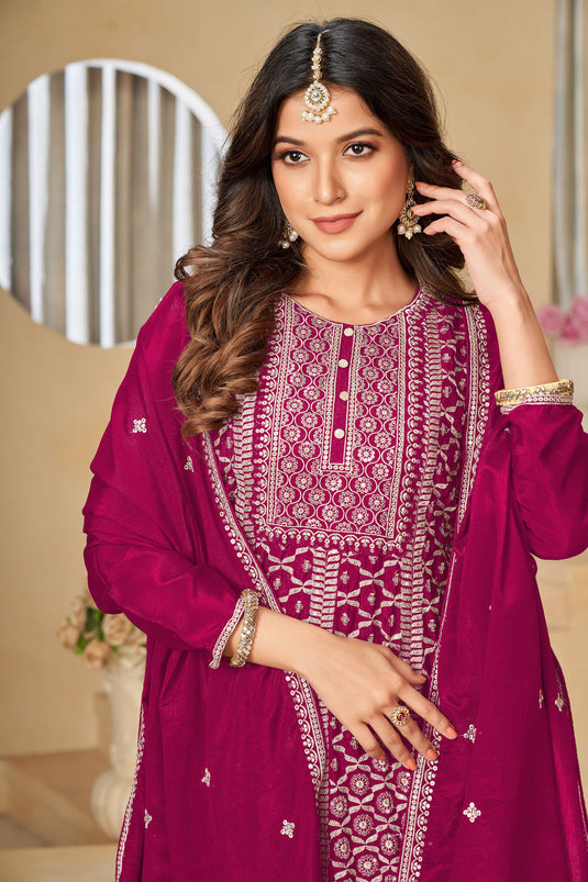 Fashionable Rani Color Embroidered Chinon Fabric Palazzo Suit