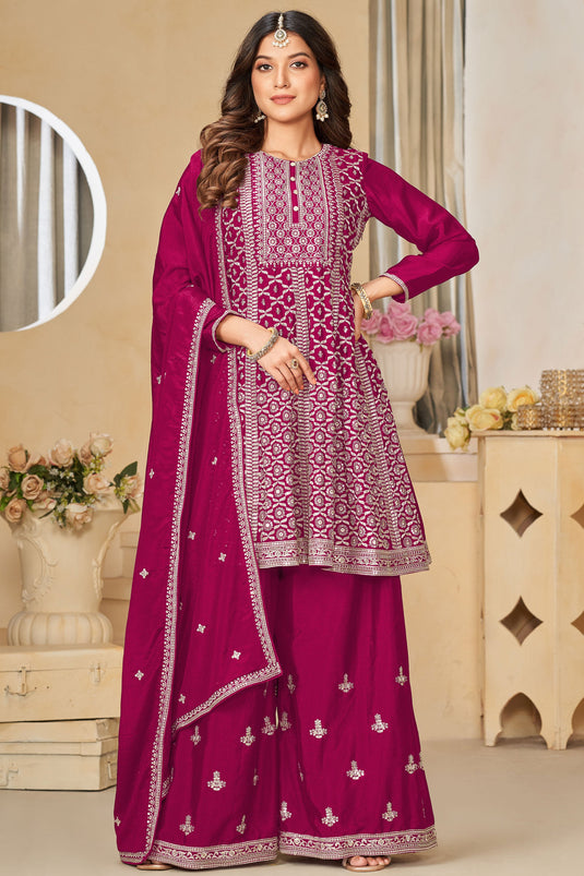 Fashionable Rani Color Embroidered Chinon Fabric Palazzo Suit