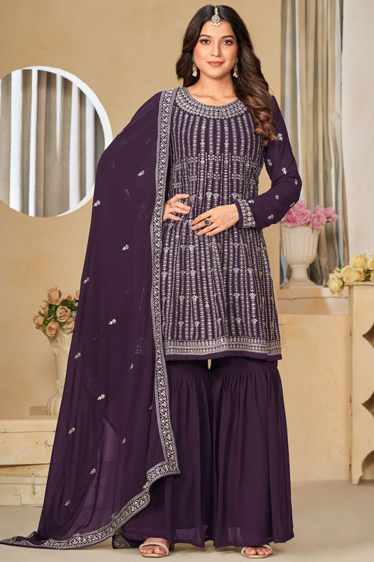 Solid Georgette Fabric Embroidered Work On Palazzo Suit In Purple Color