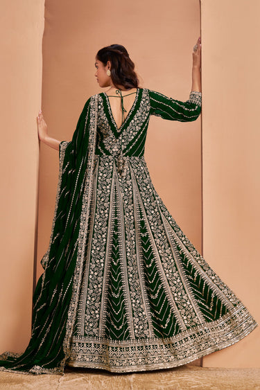 Dark Green Color Embroidered Anarkali Dress In Georgette Fabric