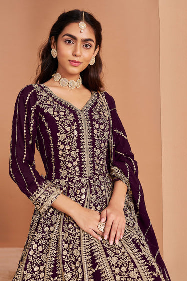Embroidered Georgette Fabric Anarkali Salwar Kameez In Purple Color