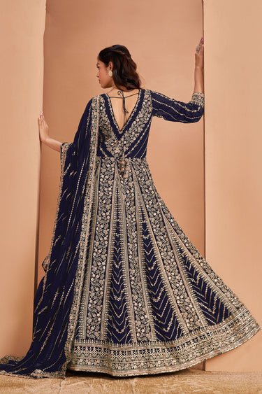 Georgette Fabric  Embroidered Anarkali Dress In Navy Blue Color