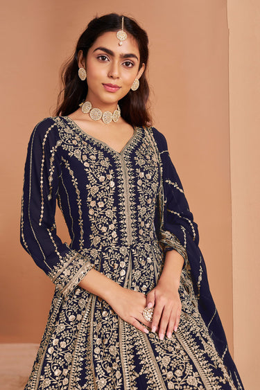 Georgette Fabric  Embroidered Anarkali Dress In Navy Blue Color