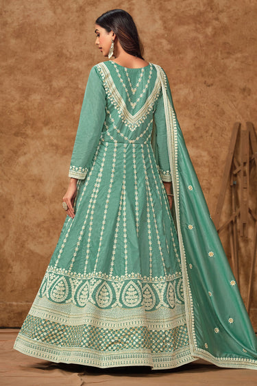 Embroidered Cyan Readymade Long Anarkali Style Gown With Dupatta