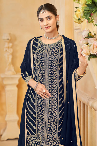 Georgette Fabric Navy Blue Color Function Wear Sharara Suit
