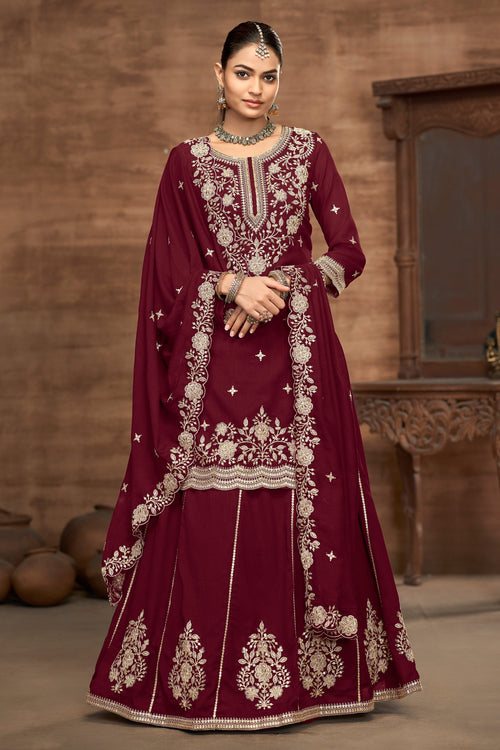 Maroon Sangeet Wear Readymade Sharara Style Lehenga