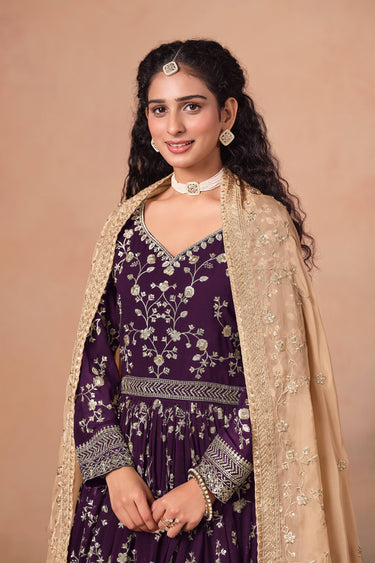 Faux Georgette Embroidered Work Purple Designer Anarkali Suit