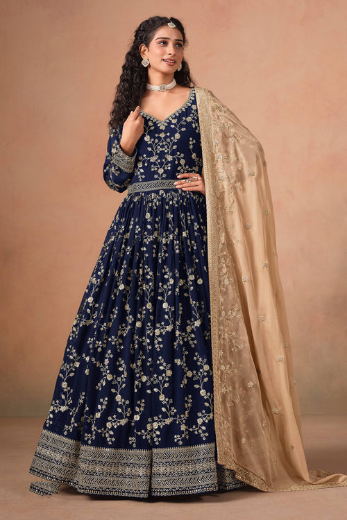 Navy Blue Faux Georgette Designer Anarkali Suit With Dupatta