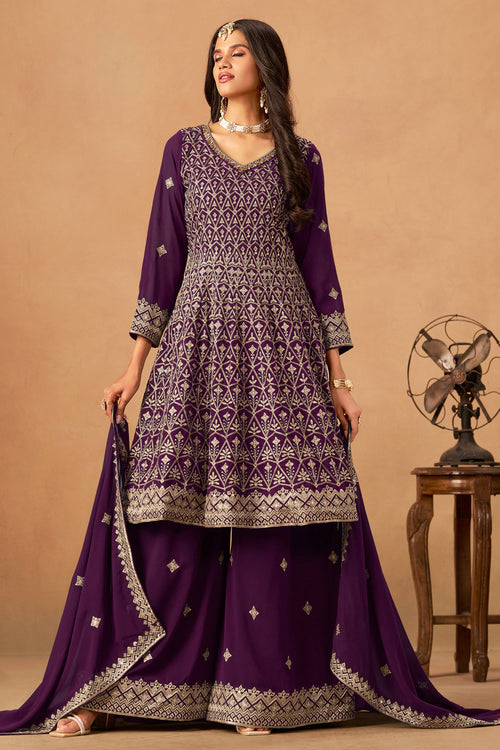 Purple Georgette Embroidered Palazzo Suit