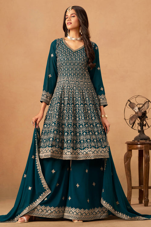 Teal Georgette Designer Palazzo Salwar Kameez