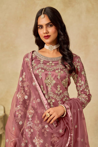 Pink Net Embroidered Palazzo Suit