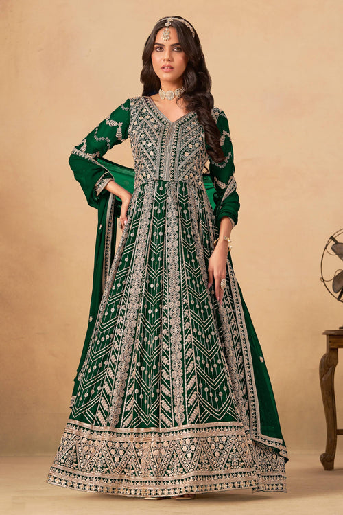 Georgette Embroidered Work Dark Green Designer Anarkali Suit