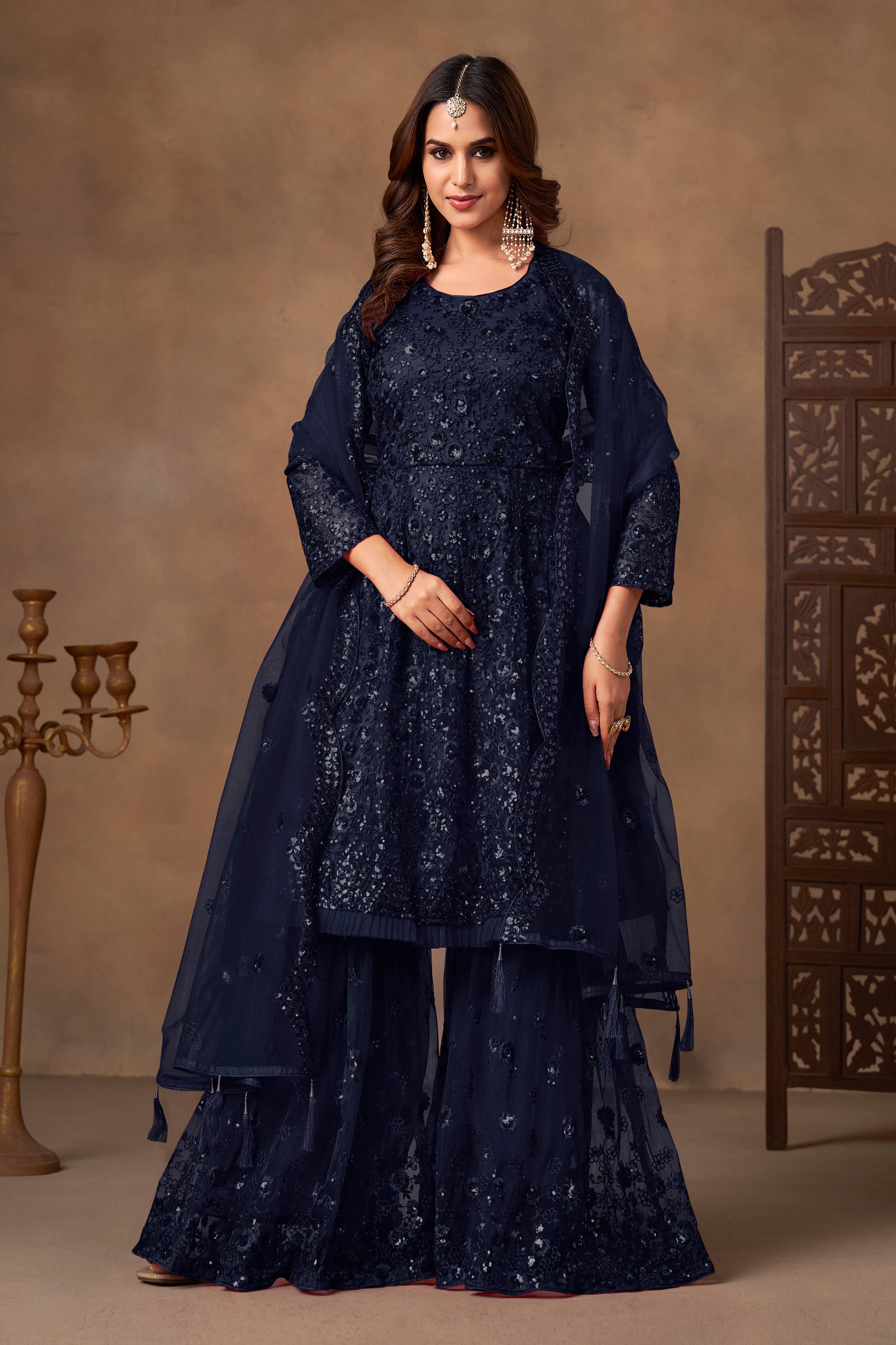 Navy Blue Function Wear Net Sequins Embroidered Palazzo Suit – Sarees ...