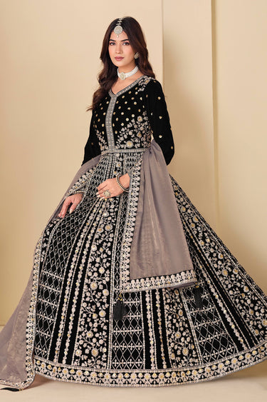 Velvet Embroidered Black Wedding Wear Anarkali Suit With Dupatta