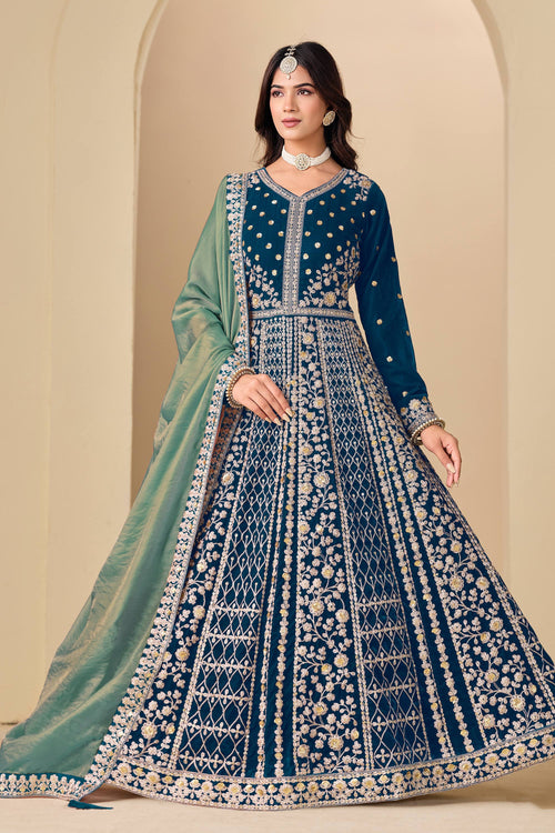Navy Blue Wedding Wear Velvet Embroidered Anarkali Suit