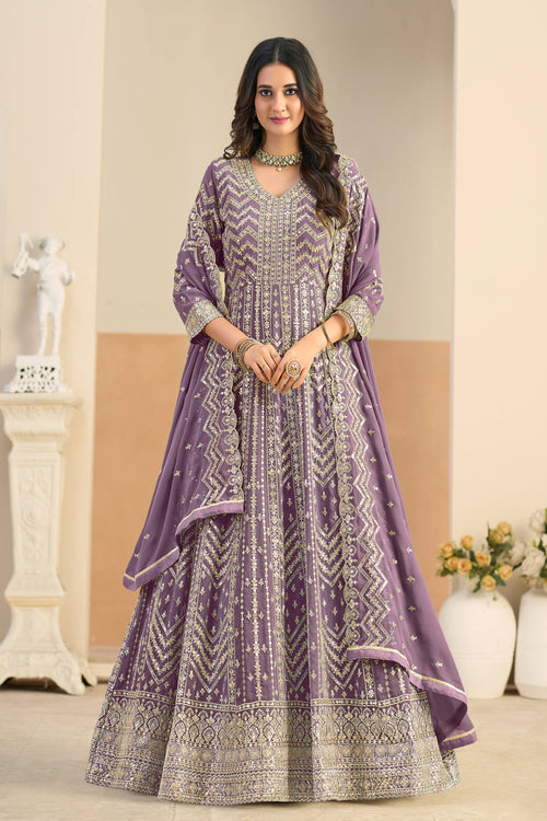 Embroidered Georgette Purple Readymade Anarkali Suit For Festive Wear