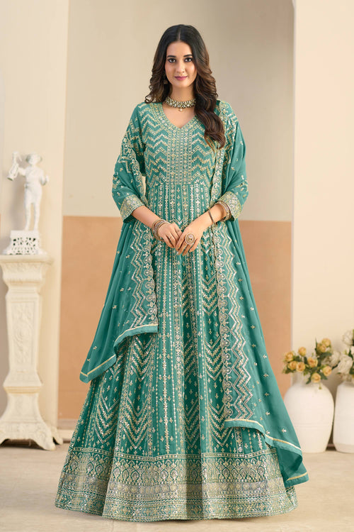 Georgette Fabric Teal Festive Wear Readymade Anarkali Suit