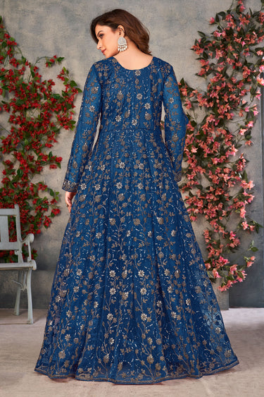 Blue Embroidered Long Anarkali Suit In Net Fabric