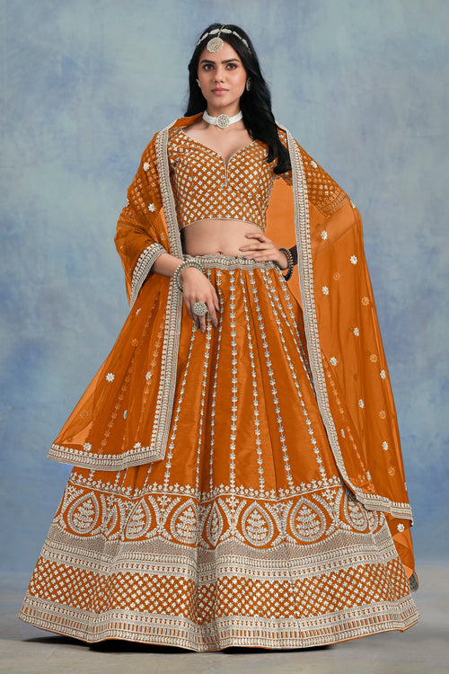 Orange Designer Embroidered Lehenga Choli In Art Silk Fabric