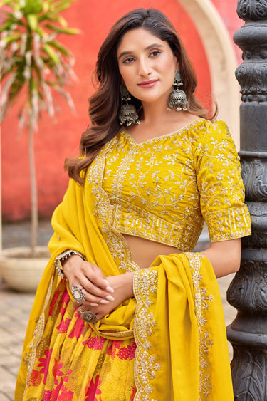 Engaging Yellow Color Art silk Fabric Lehenga With Embroidered Work