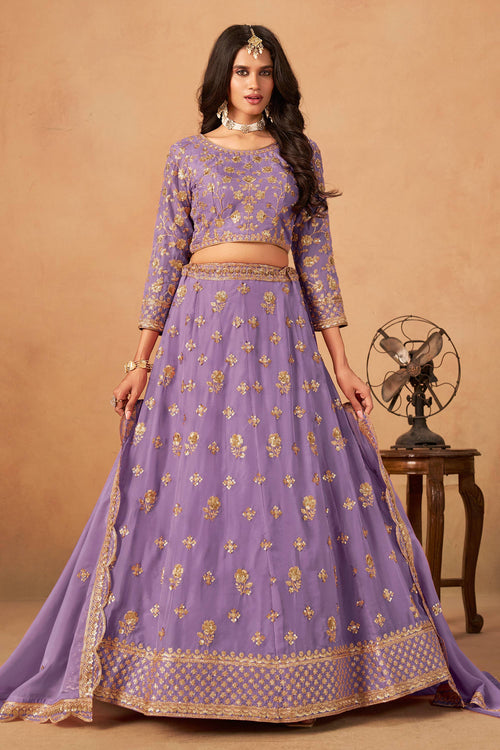 Embroidered Wedding Wear Lehenga Choli In Purple Organza Fabric
