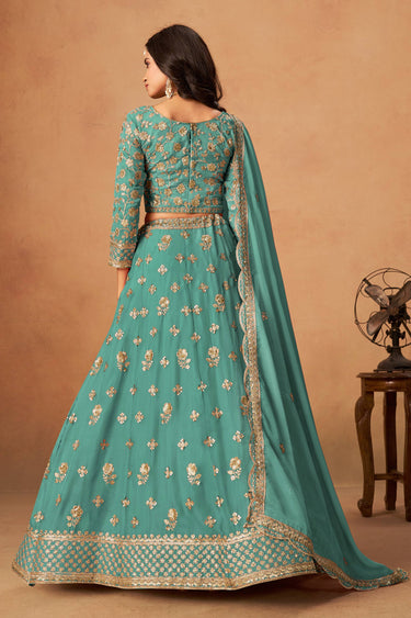 Embroidered Cyan Organza Lehenga With Blouse