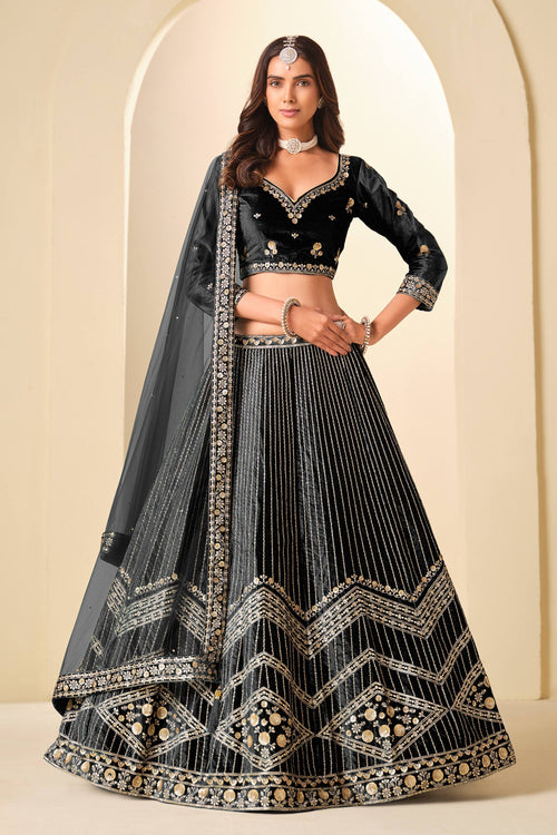 Velvet Fabric Embroidered Black Wedding Wear Lehenga Choli With Dupatta
