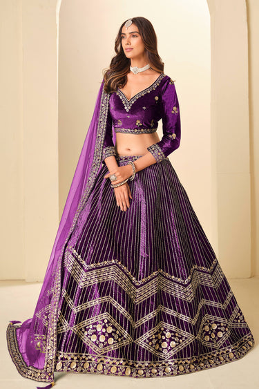 Embroidered Velvet Purple Lehenga Choli For Wedding Wear