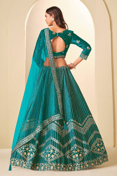Teal Wedding Wear Velvet Embroidered Lehenga Choli With Dupatta