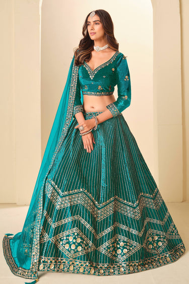 Teal Wedding Wear Velvet Embroidered Lehenga Choli With Dupatta