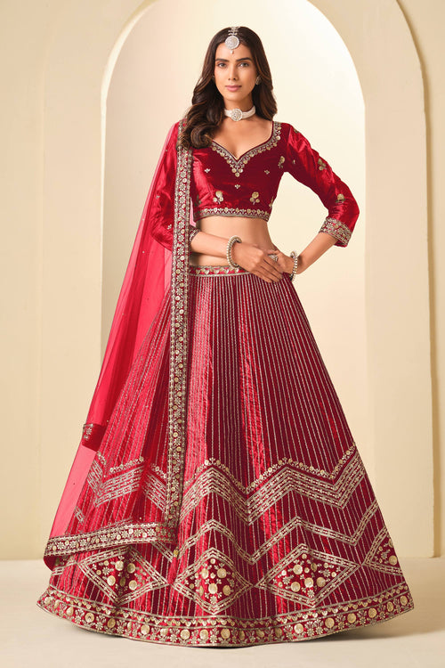 Red Wedding Wear Velvet Embroidered Lehenga Choli