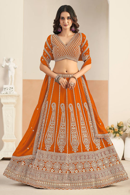 Orange Georgette Embroidered Lehenga Choli