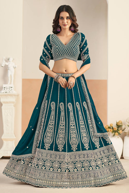 Teal Festive Wear Embroidered Georgette Lehenga Choli For Women