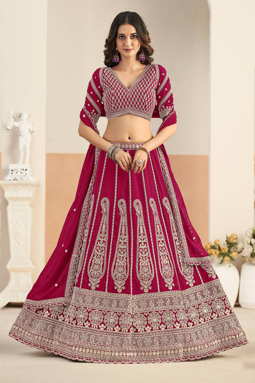 Embroidered Georgette Lehenga Choli In Rani Color
