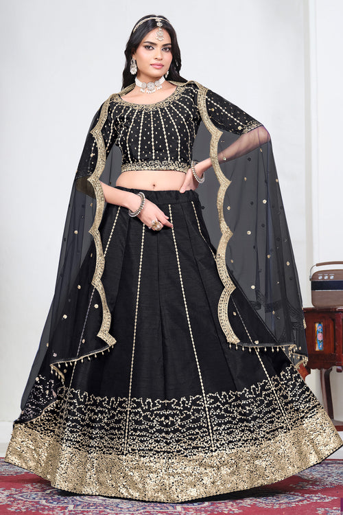 Black Art Silk Function Wear Lehenga With Designer Net Dupatta
