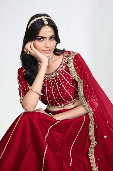 Beautiful Art Silk Designer Red Lehenga With Net Dupatta
