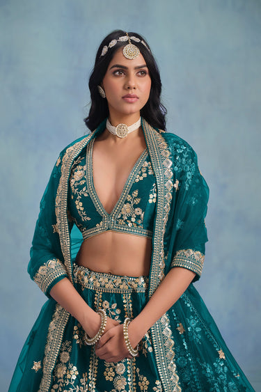 Art Silk Fabric Wedding Wear Embroidered Lehenga Choli In Teal Color