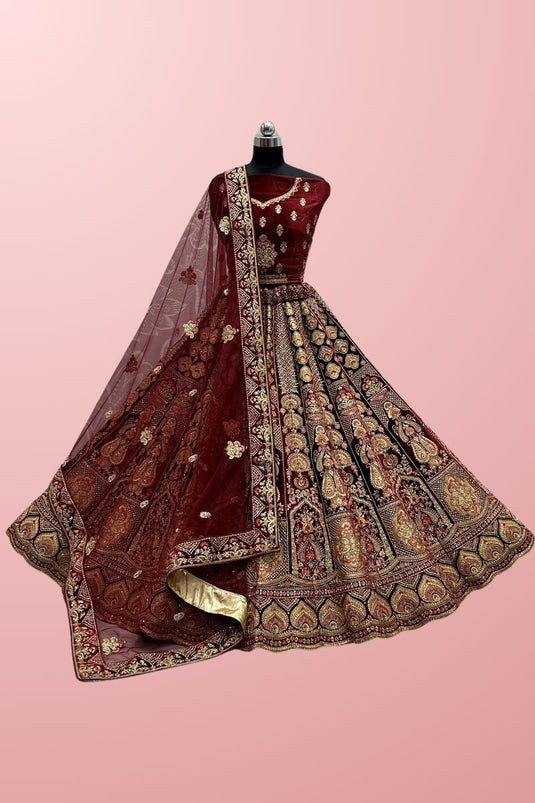 Maroon Color Delicate Thread Embroidred Velvet Bridal Lehenga