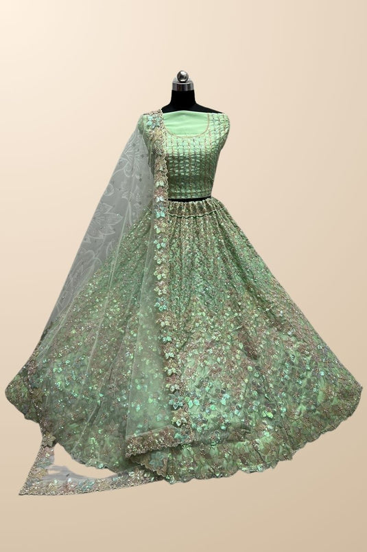 Marvellous Organza Fabric Sequins Work Lehenga Choli In Sea Green Color