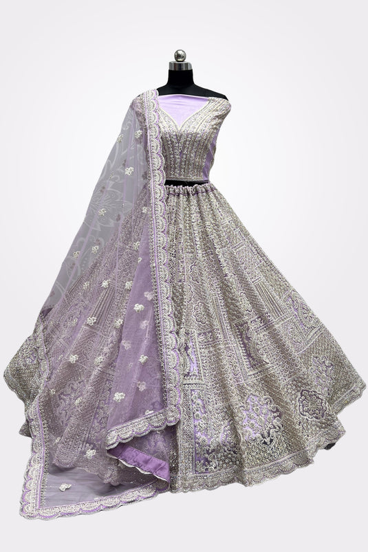 Net Bridal Wear 3 Piece Lehenga Choli In Lavender Color With Embroidery Work