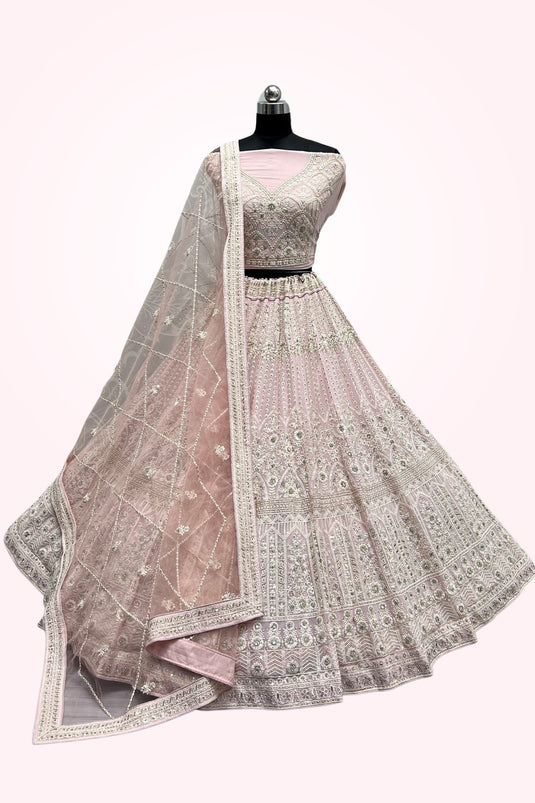 Embroidery Work Net Fabric Designer Lehenga In Pink Color With Blouse