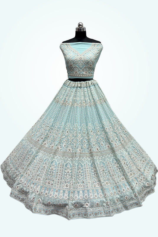 Embroidered Cyan Color Bridal Lehenga In Net Fabric With Designer Choli