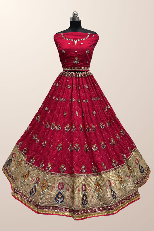 Silk Fabric Sequins Designs Rani Color Stylish Look Lehenga