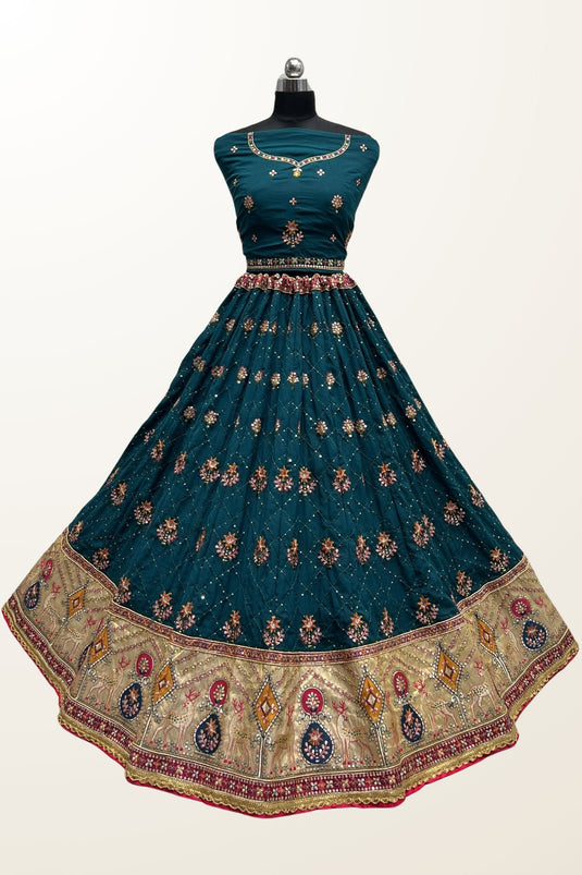Teal Color Silk Fabric Sequins Designs Glamorous Look Lehenga