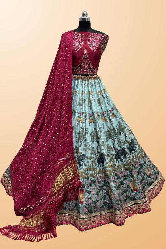 Sky Blue Color Gorgeous Printed Silk Lehenga