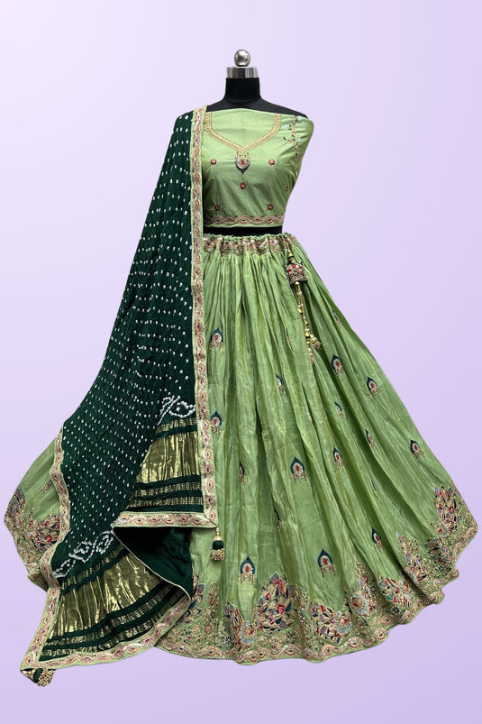 Embroidered Work Sea Green Color Fashionable Lehenga In Dola Silk Fabric