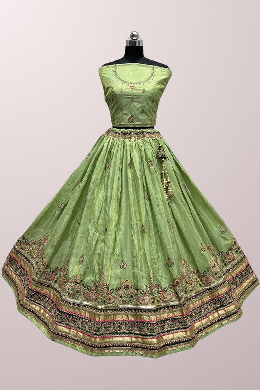 Green Color Embroidered Work Luminous Lehenga In Dola Silk Fabric