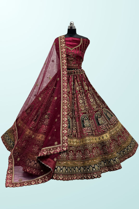 Rani Color Wedding Wear Velvet Fabric Incredible Bridal Lehenga